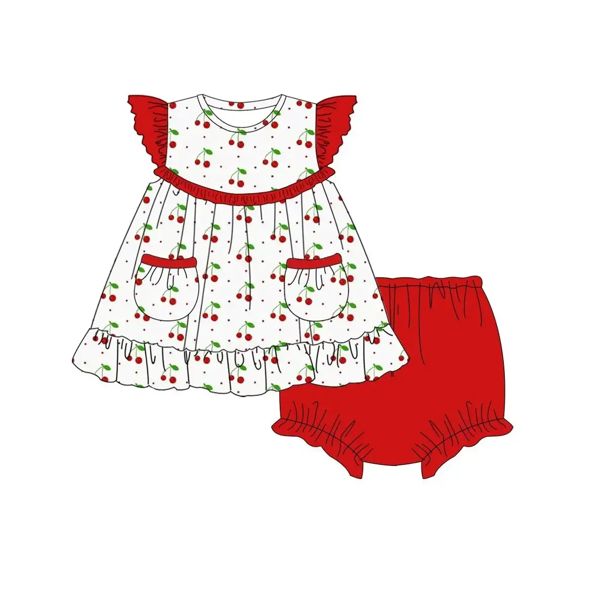 

New design baby girl clothing cherry print girl pearl suit red clothing summer boutique milk silk