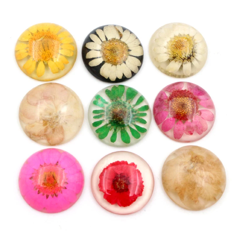 New Fashion 5pcs 25mm Mixed Natural Dried Flowers Flat Back Resin Cabochons Cameo