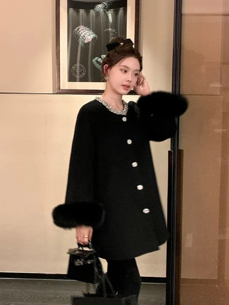 2025 nouvelle mode hiver automne vêtements femmes mi-longue véritable fourrure de renard manchette laine mélanges veste chaud perle cachemire laine manteau