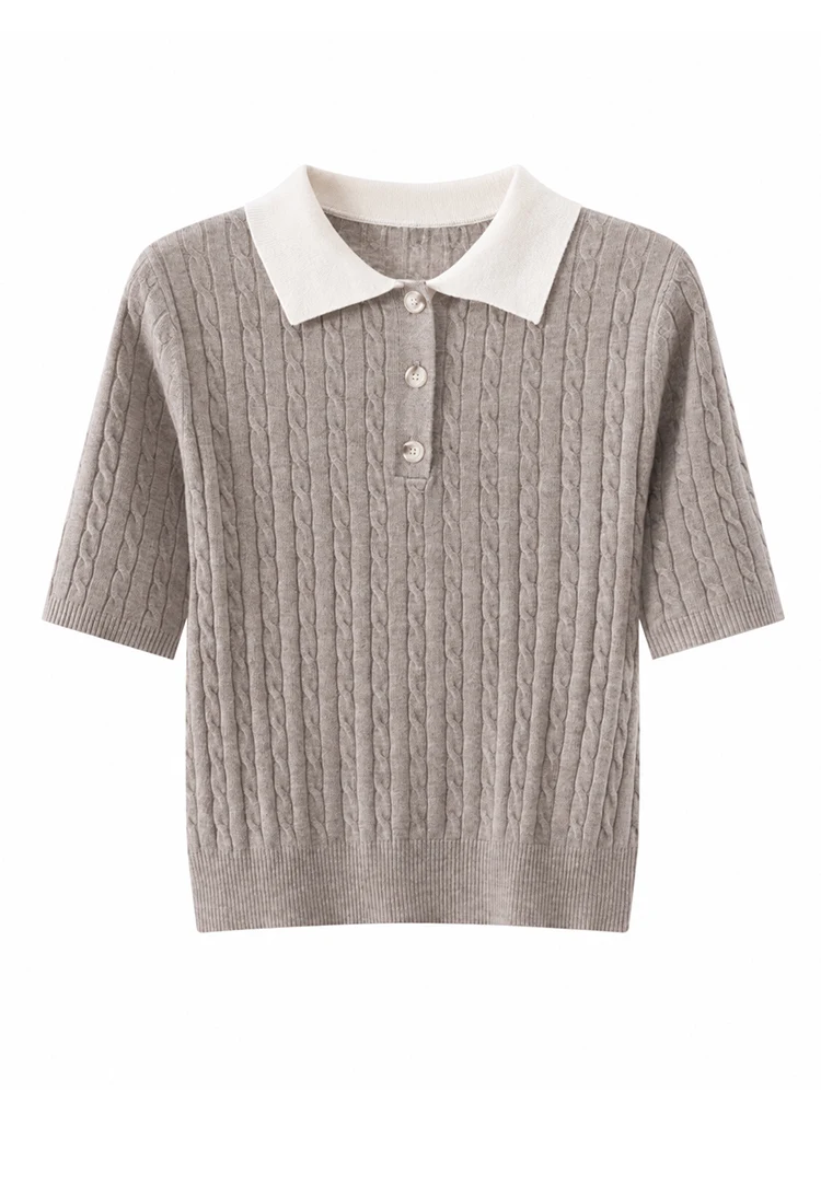 MZ62085 Damen-Pullover im Preppy-Stil mit Polokragen, Zopfmuster, kurzen Ärmeln, Kontrastkragen, Knopfdetails, Modal-Mischung, Oberteil für den frühen Herbst – Detail 13