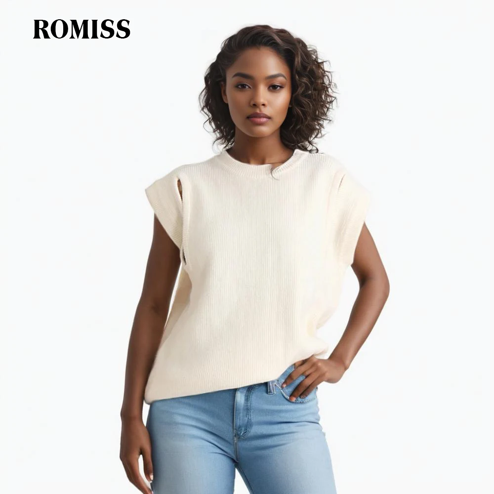

ROMISS Minimalist Sweaters For Women Round Neck Sleeveless Hollow Out Knitting Temperament Loose Pullover Sweater Female New