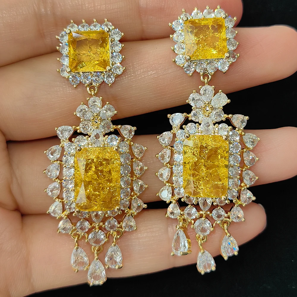 

blue green yellow earrings for women luxury jewelry sparkly zirconia artificial gemstone square block long pendant earrings