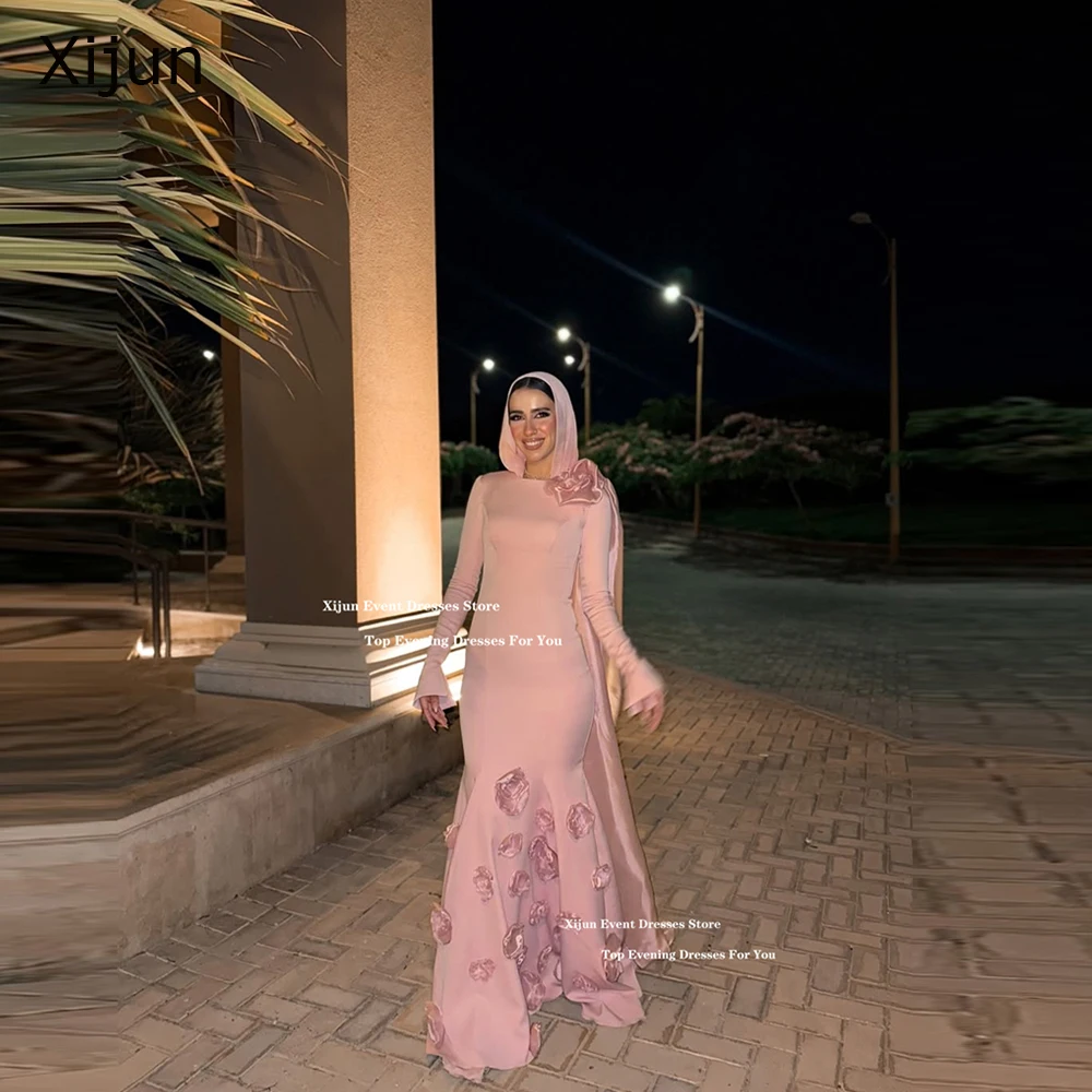 Xijun Pink Crepe Mermaid Evening Dresses Saudi Arabric 3D Flowers Luxury Prom Dresses Floor Length Dubai Prom Gowns Customized