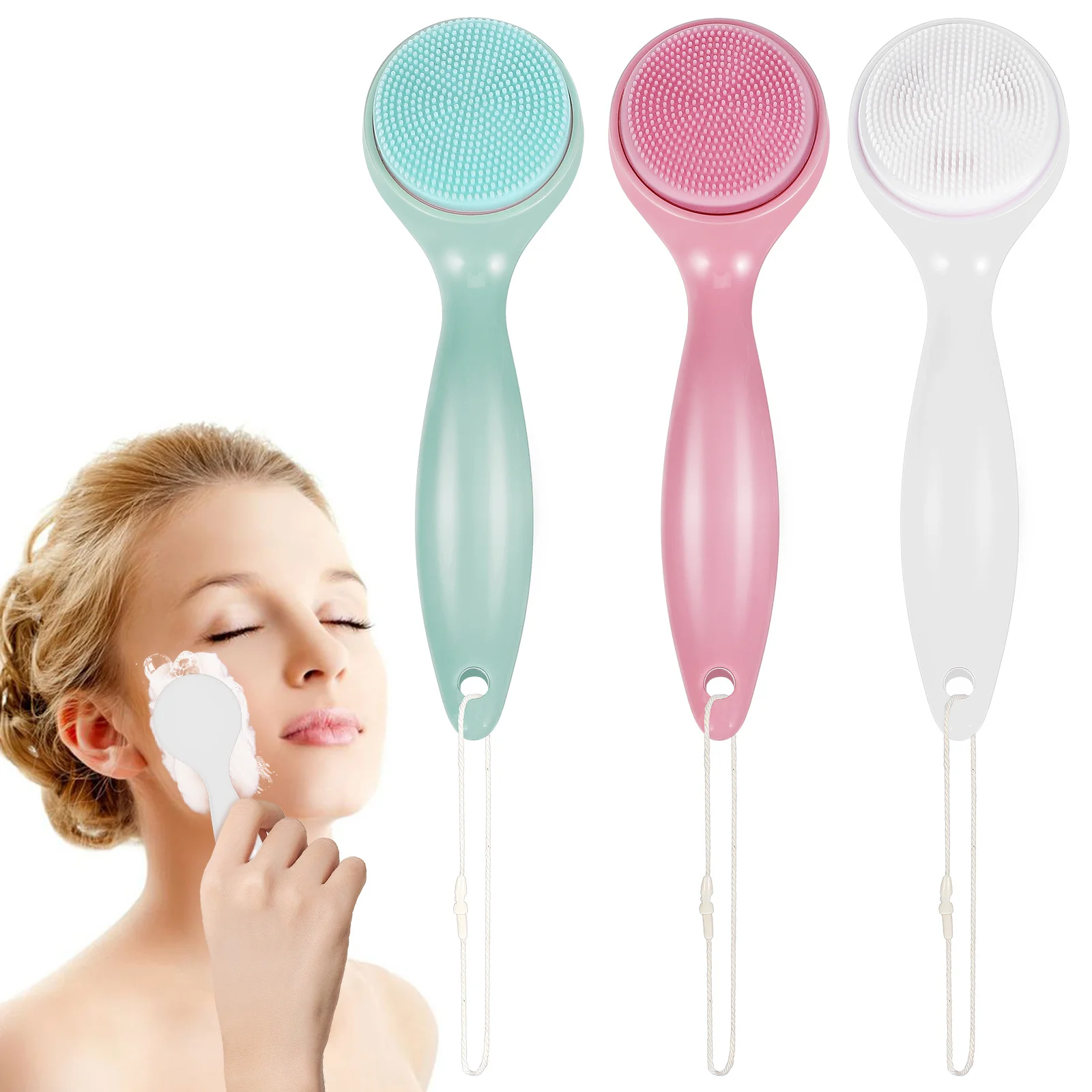 

3pcs Facial Cleansing Brush Gentle Silicone Bristles Efficient Cleaning Detachable Heads Easy Grip Face Scrubber Shower Skin