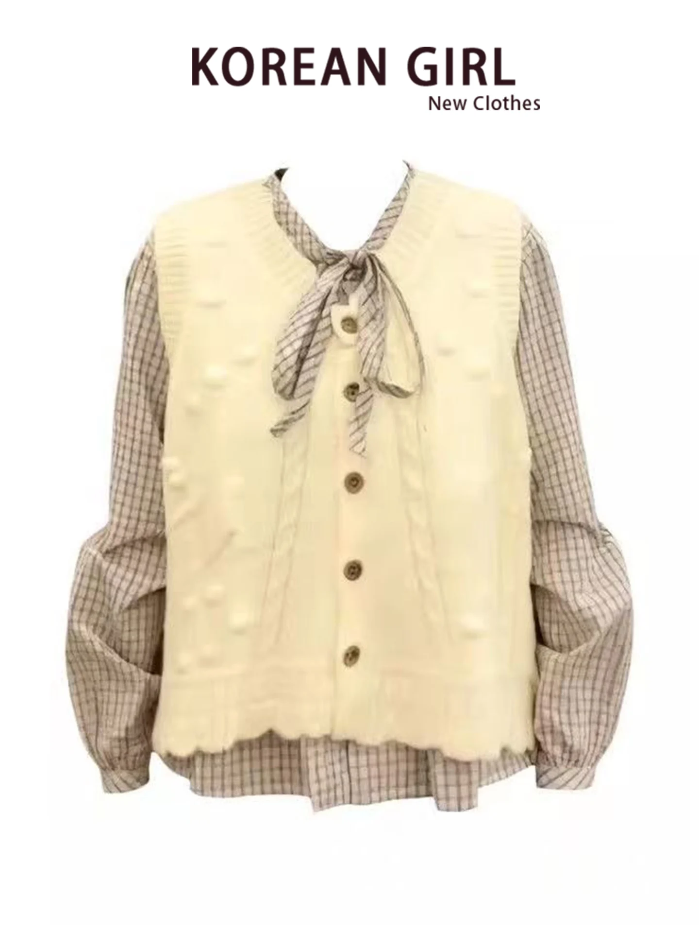 Korean Style Unique Super Cute Knitted Set Women's Autumn Twisted Hairshirt Plaid Belted Shirt Two Piece Set Trendy Casual Wear