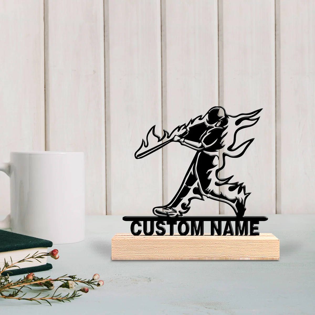 1pc Simple Little Fireman Customized Text Tin Statue Iron Ornament Metal Sculpture With Wood Base Art Figurine With Wood Base