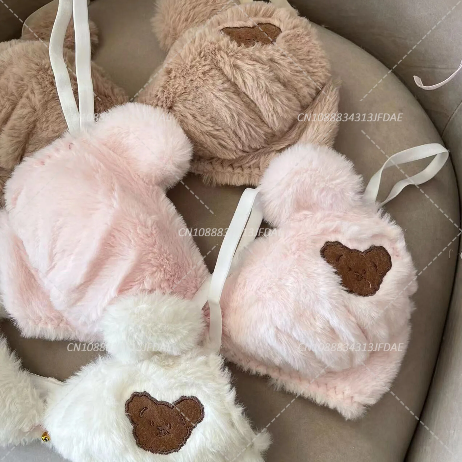 Plush Womens Lolita Kawaii Bra Panty Set Cute Bear Embroidery Fluffy Faux Fur Underwire Underwear Bow Japanese Anime