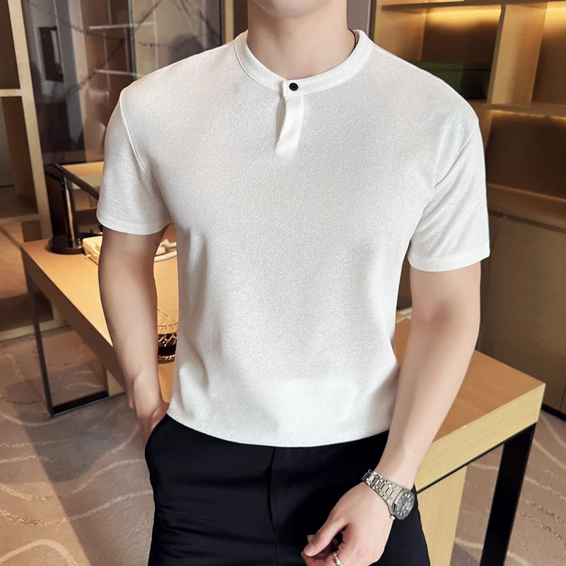 

Летняя мужская футболка с короткими рукавами и воротником на пуговицах, эластичная футболка для мужчин, модная корейская версия, футболки, уличная одежда больших размеров