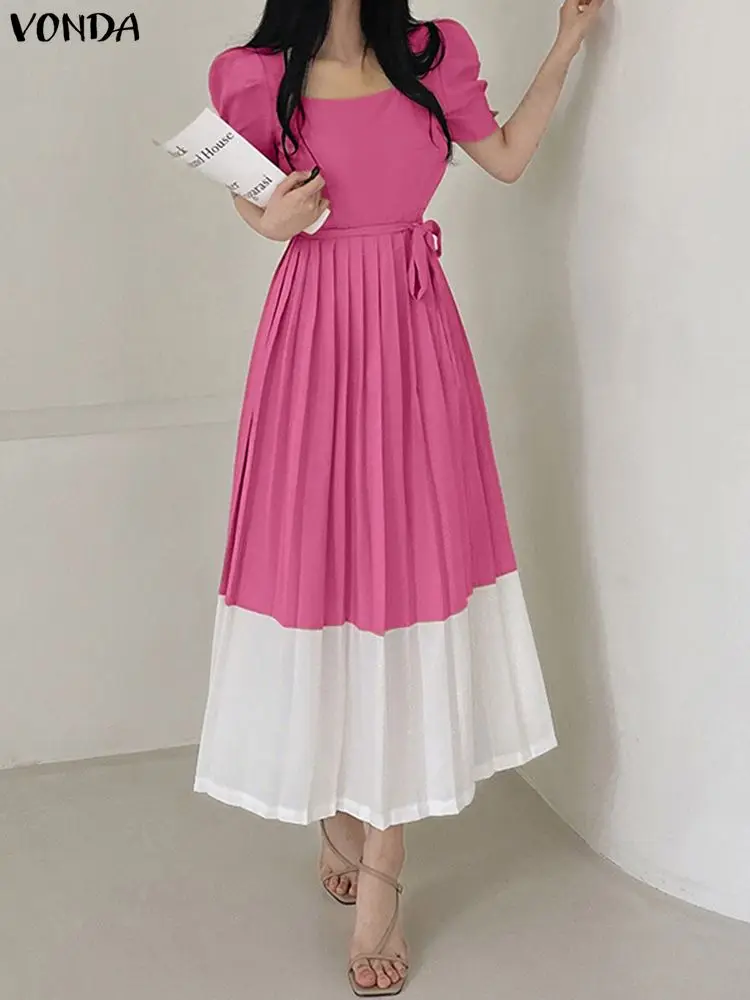 VONDA élégant fête Maxi robes Sexy col carré manches courtes bouffantes couleur Patchwork robe d'été femmes ceinture longues robes
