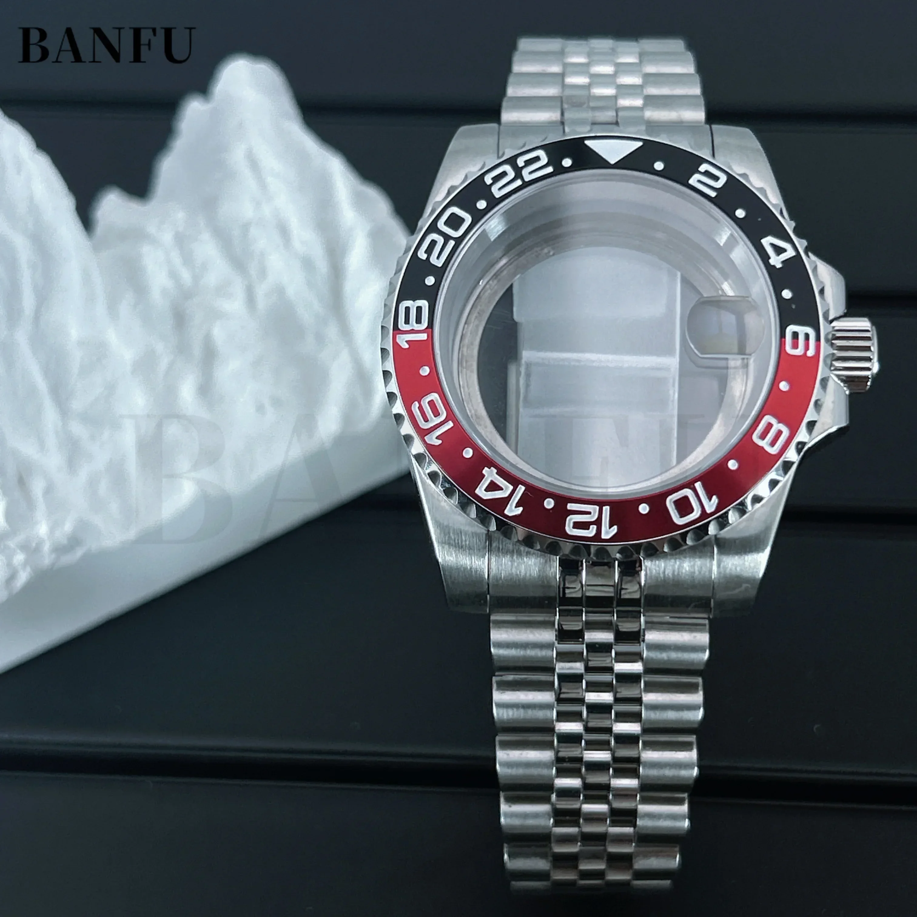 40mm Clear Glass Watch Case Bracelet with Ceramic Bezel Parts for Seko Submarine GMT NH35/36 NH38 NH34 Movement 28.5-30.5mm Dial