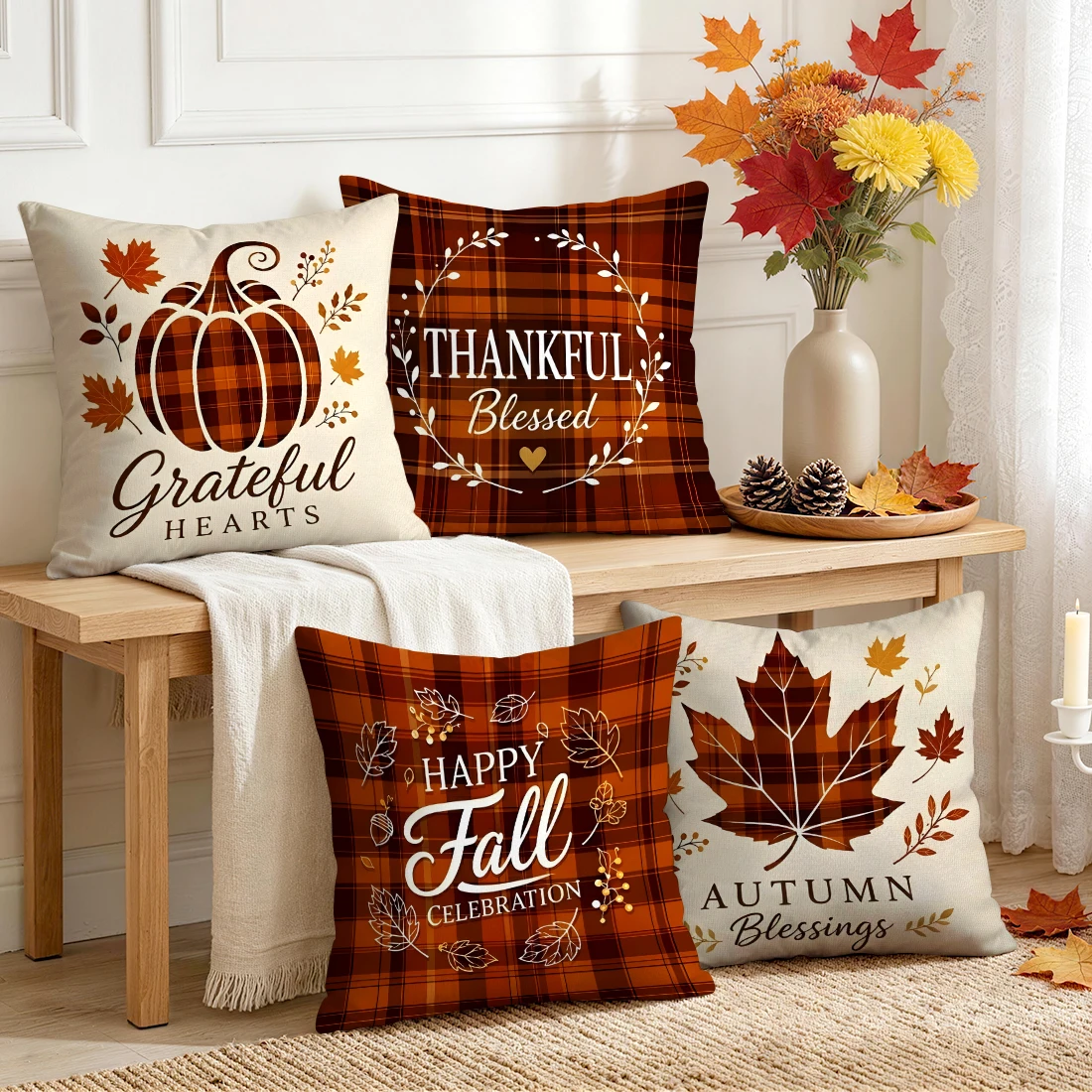 Autumn Plaid Pumpkin Maple Leaves Cushions Pillowcase Polyester Cushion Cover Throw Pillow Pillowcover Home Car Sofa Decor