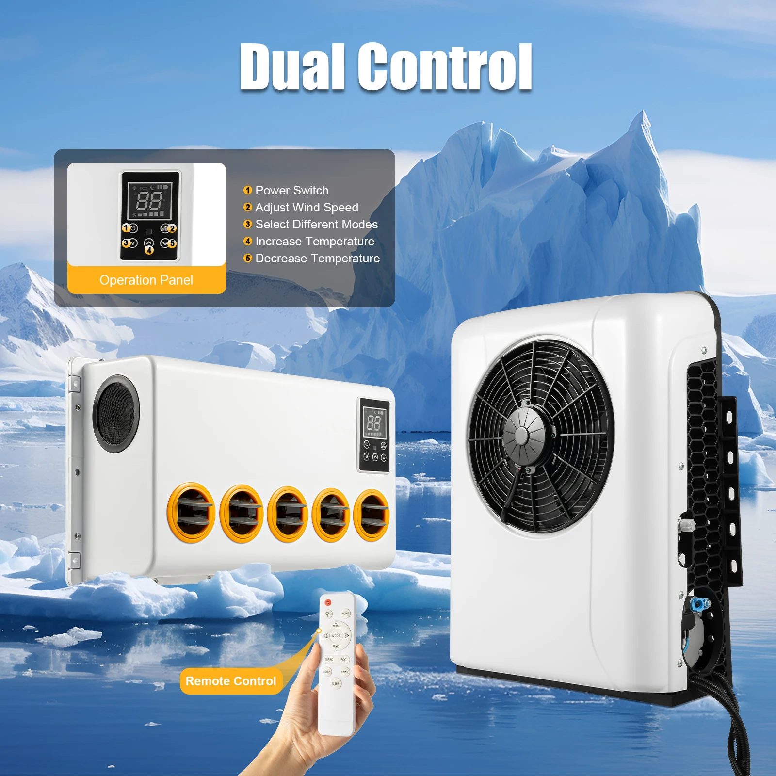 

RV Air Conditioner 12V 800W Outside Inside Truck Cab Air Conditioner Kit 3 Modes, Adjustable Wind Speed & Temperature