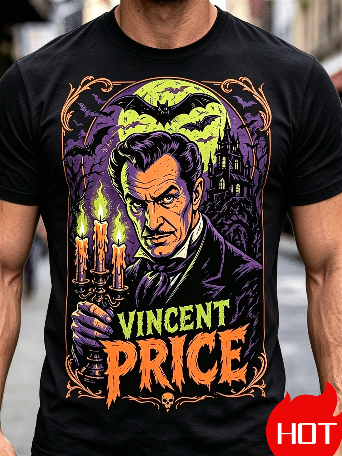 Halloween Wayne Price haunted house castle pattern print men short sleeved T-shirt hip-hop street casual oversized men clothing
