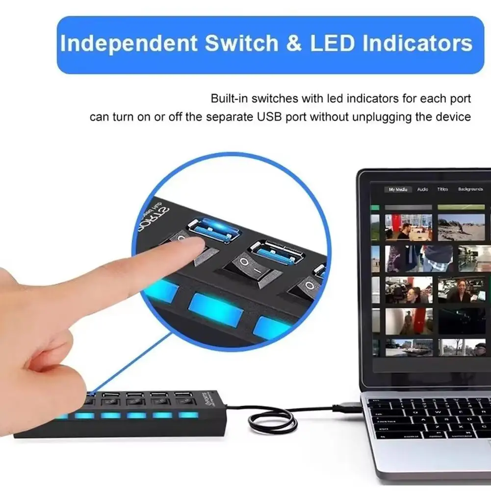 1pcs Hub with Multiple USB Ports USB HUB 2.0 Adapter 4Ports Multiple Expander with LED Lamp Switch for PC Laptop U7C3