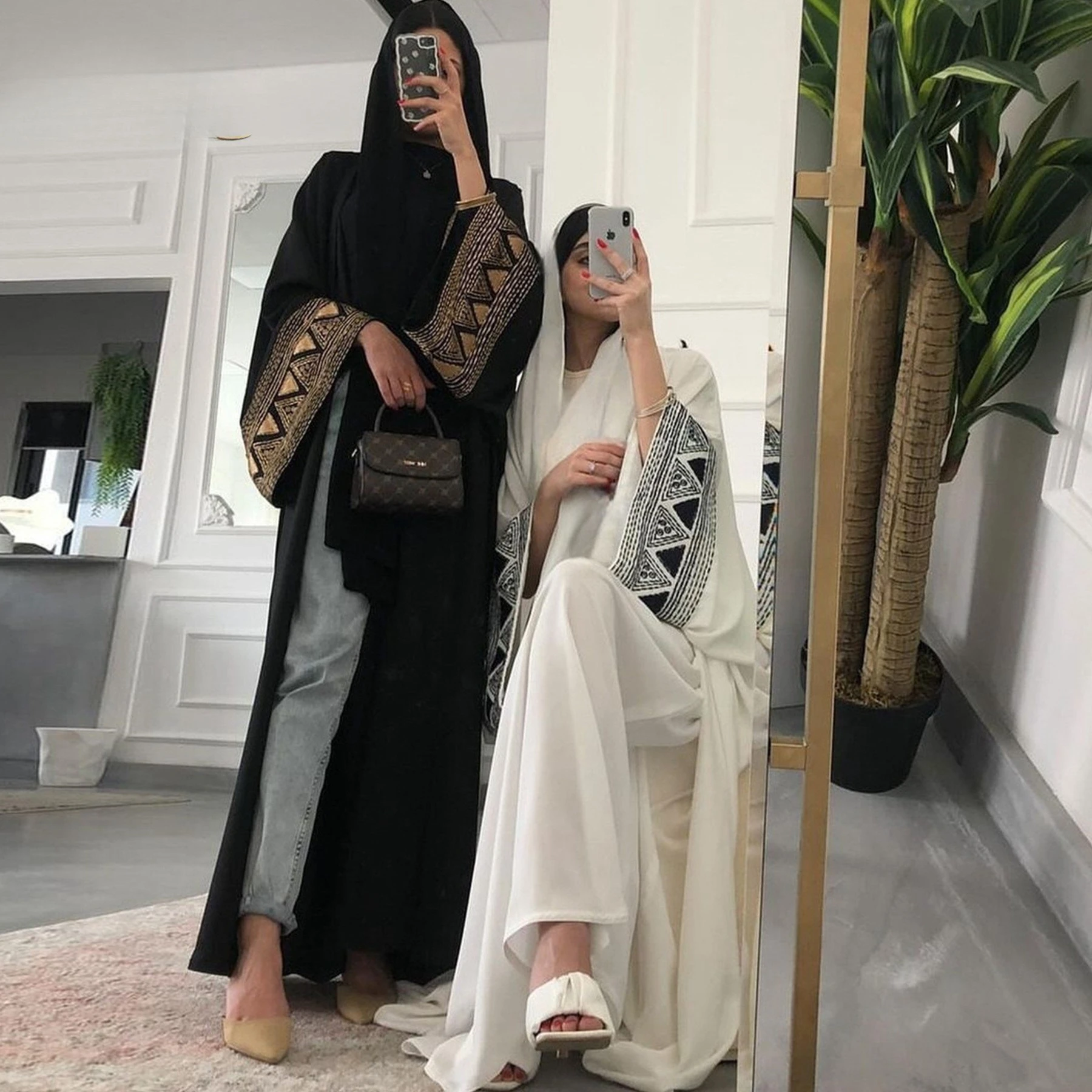 

Custom Summer EID Black White Embroidery Open Modest Abaya Dubai Muslim Kimono Abayas for Women Kaftan Dresses Islamic Clothing