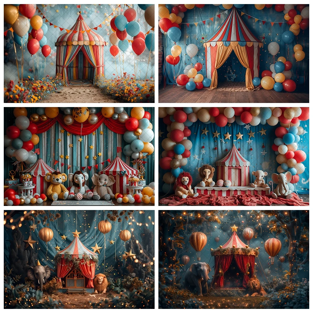 Circus Photography Background Carnival Ferris Animals Elephant Tight Lights Red Tent Baby Shower 1st Birthday Balloons Backdrop