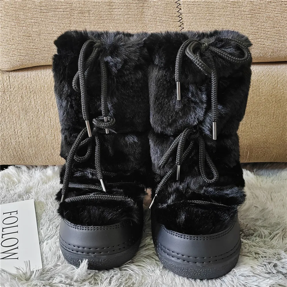 y2k Faux Fur Boots for Women 2024 Winter Hairy Fluffy Furry Black Middle Calf Snow Boots Lace-up Platform Waterproof Ski Boots