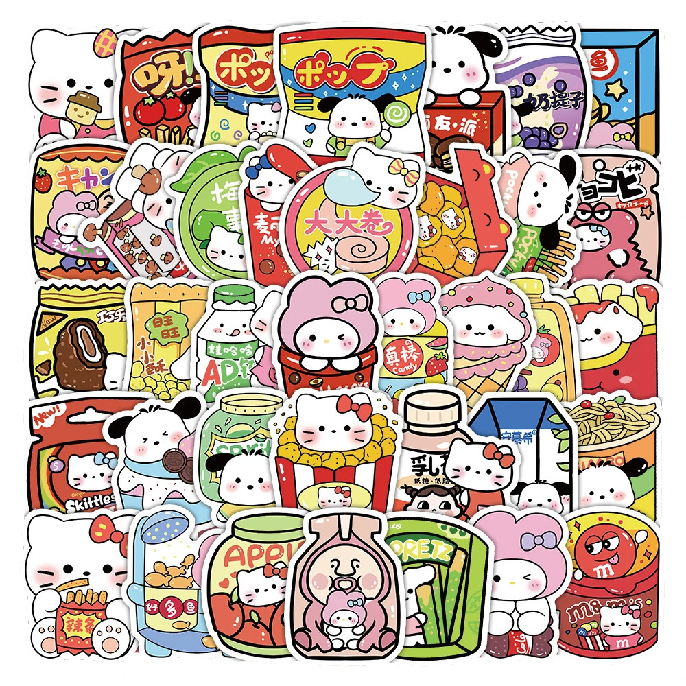 10/30/50pcs Cute Funny Snack Food Sanrio Stickers Kawaii Graffiti Sticker for Kids Toy Suitcase Fridge Phone Cartoon DIY Decals