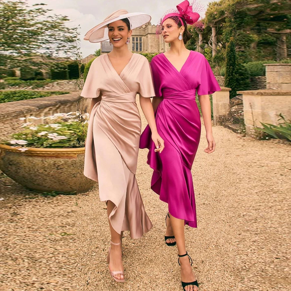 

Customized Satin Mother of the Birde Dresses V Neck Elegant Luxury Party Dress for Women Wedding Ruched Pink Evening Gowns 2026