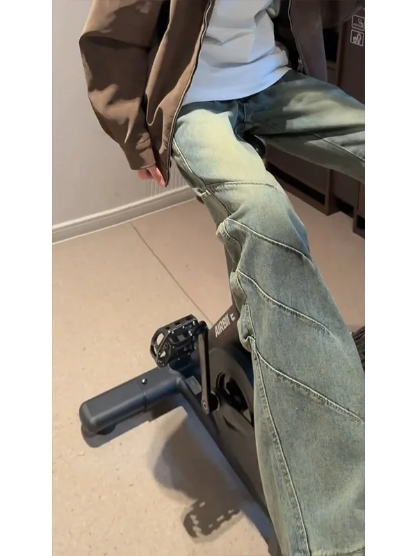 American Retro Blue Pleated Flared Jeans Men's Design Sense Cool Straight Leg Jeans High Street Vibe Slimming Jeans