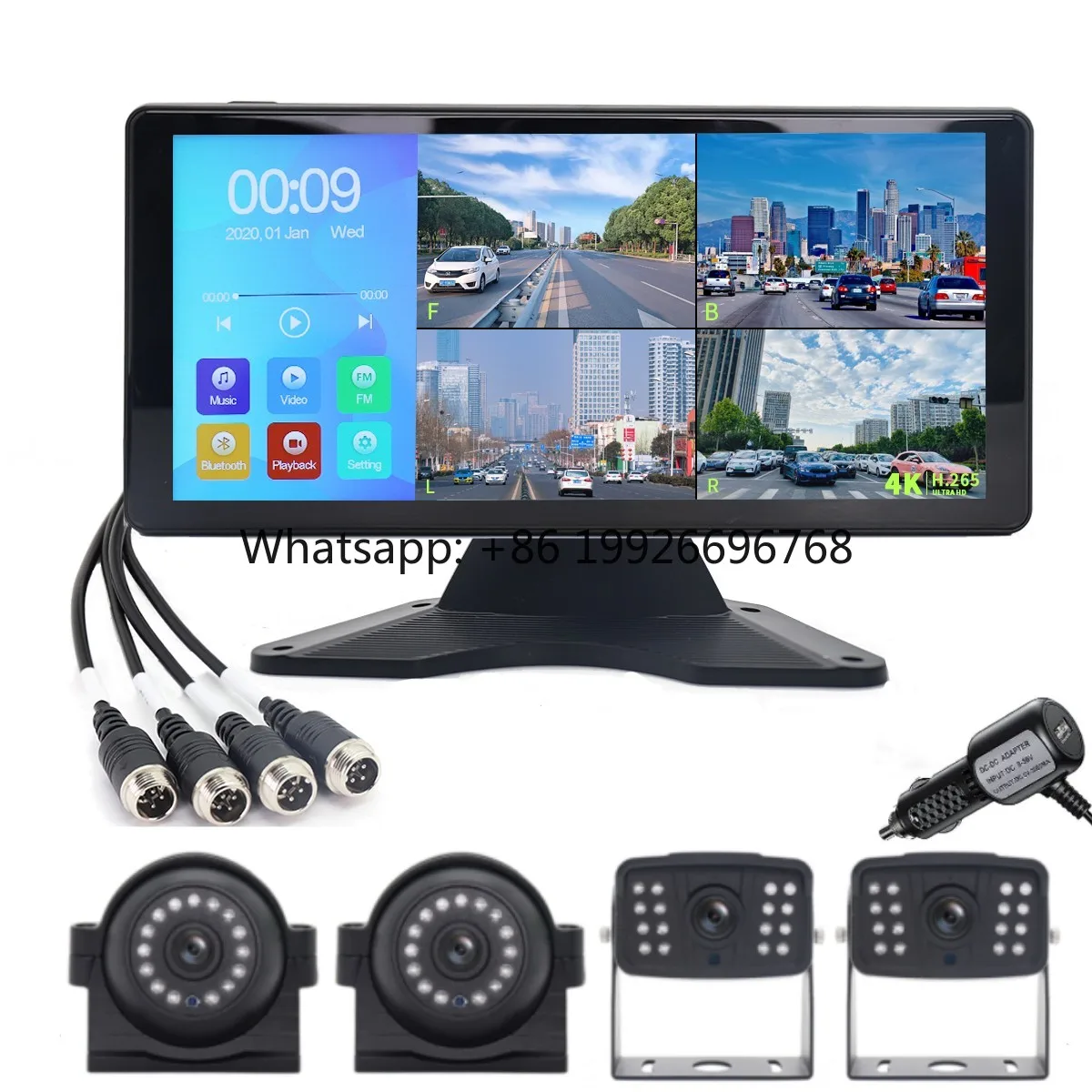 YWX 10.36 Inch 4 Channels Split Screen Car MP4 DVR Recorder Monitor With AHD Front Rear Backup Camera for Truck/Bus/Trailer/RVs