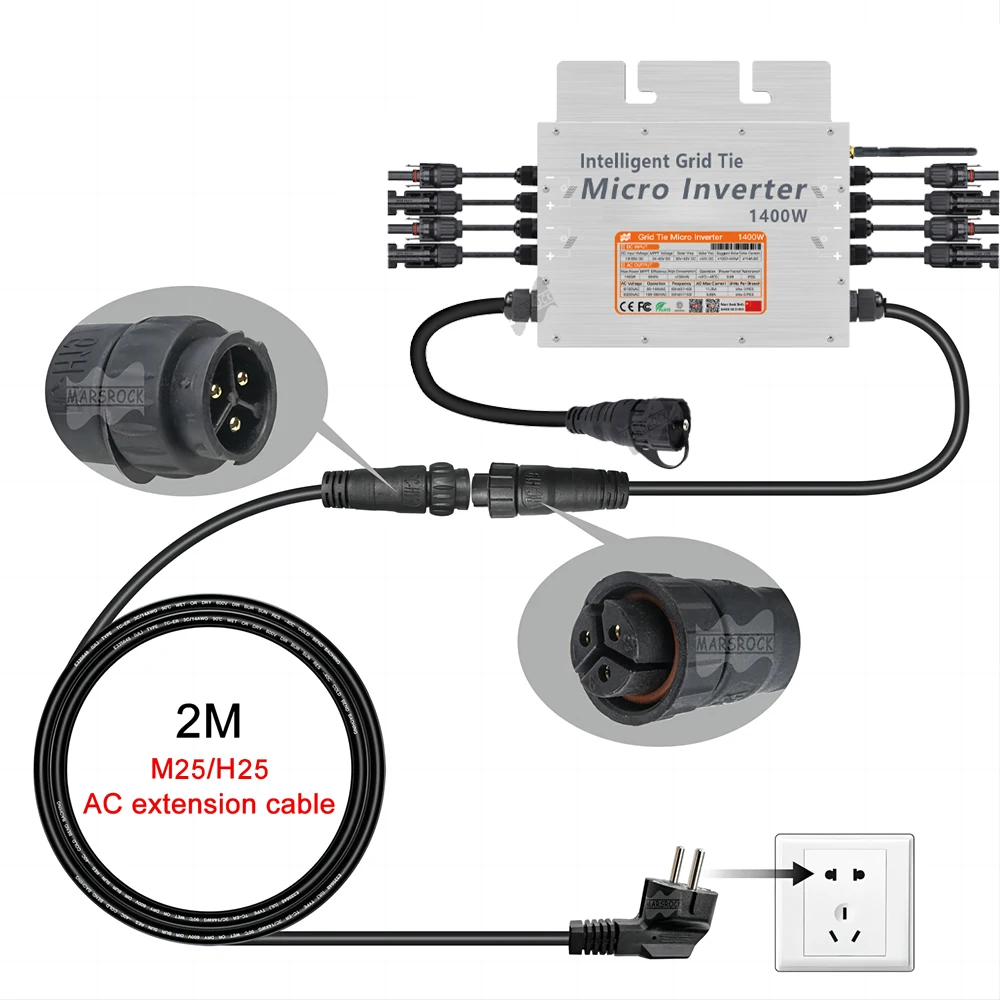 2M EU Plug Female AC Connector Accessories  M25/H25 For New Upgraded 1400W-1500W Solar Mcro Inverter, Shipped From EU