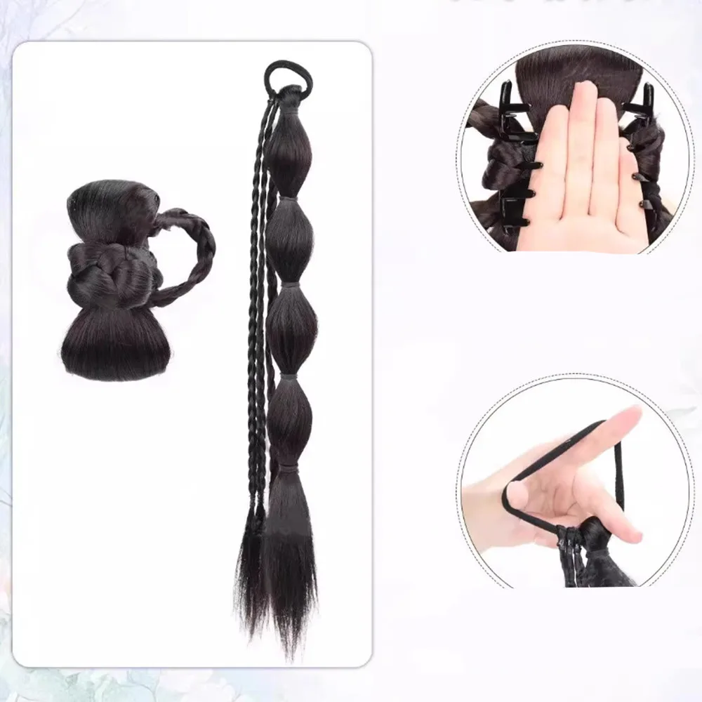 Parrucca sintetica con treccia a bolle di coda di cavallo Hanfu Cheongsam Testa a sfera con cravatta laterale Clip-on Trecce intrecciate Estensione Bocciolo di fiore simulato