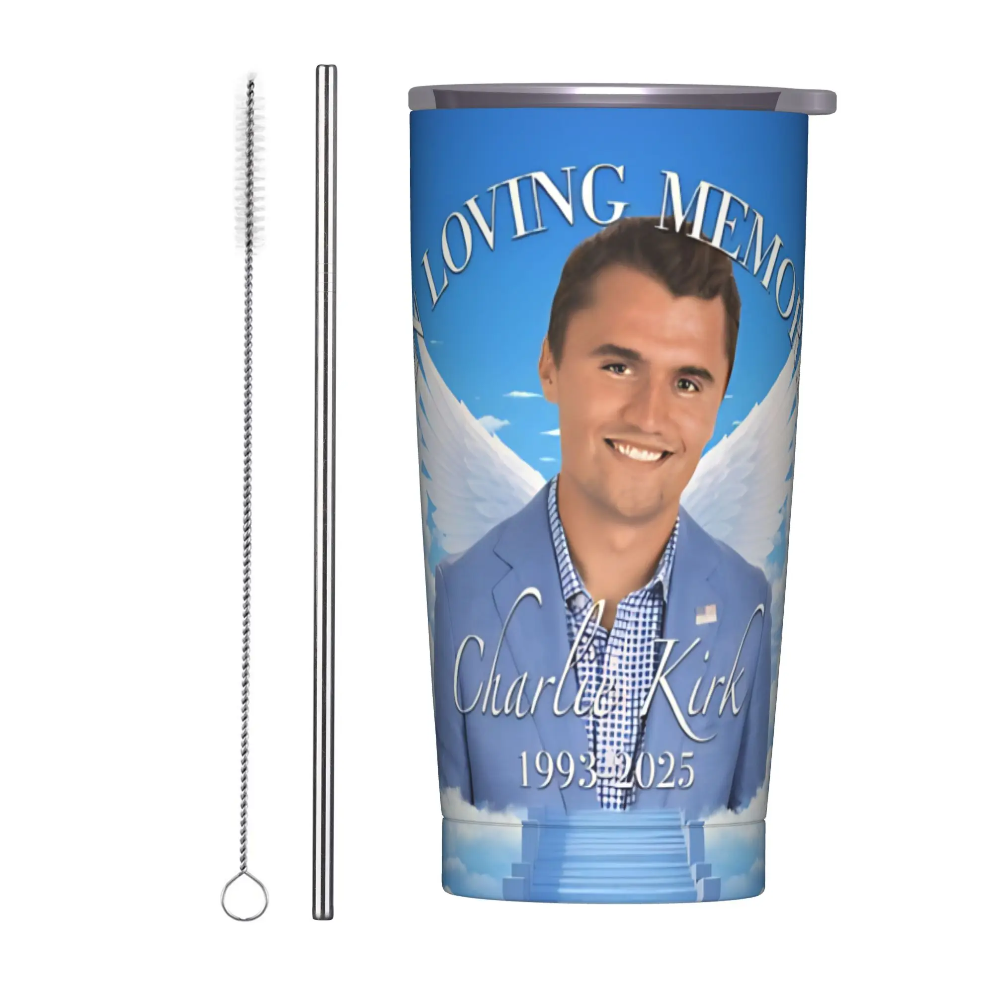 Charlie Kirk Memorial Tumbler Vacuum Insulated Angelic Advocate Thermal Cup with Lid Straw Outdoor Mug Hot Cold Drink, 20oz