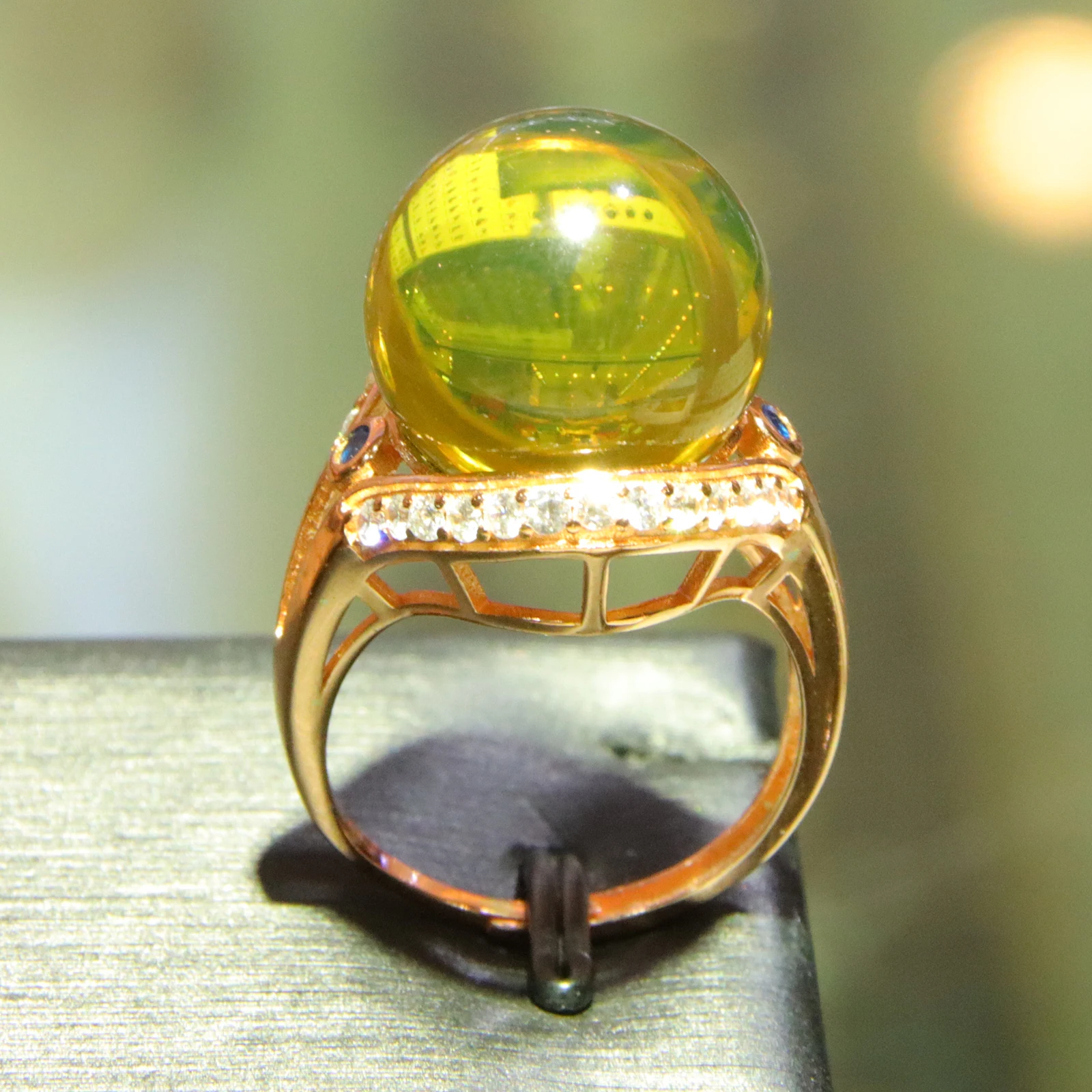 

15.5mm Blue Amber Ring Sterling Silver Rose Gold Plated Adjustable Size for Women Gift for Her Valentines Day Love Jewelry