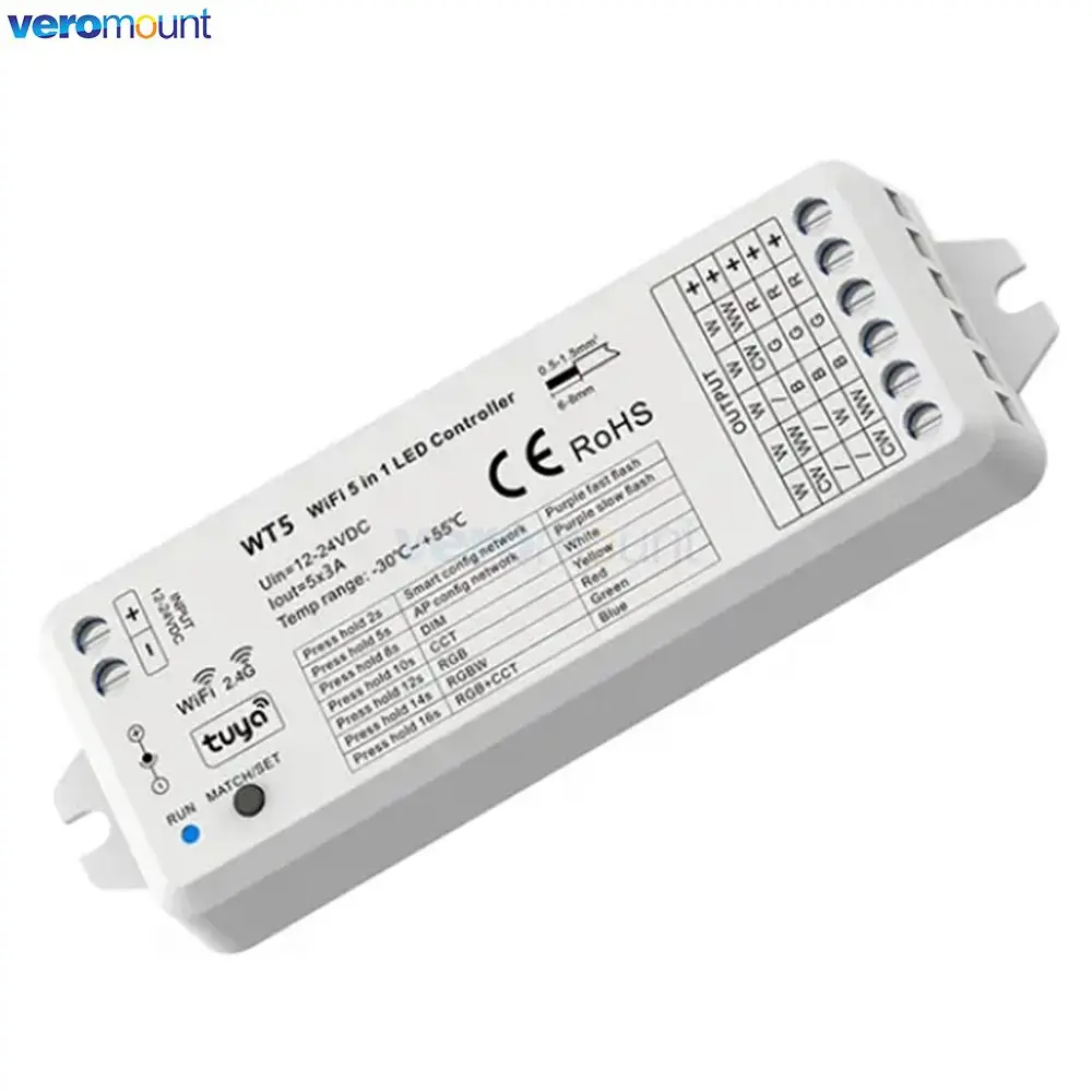 WT5 RGBCCT Controller LED 12V 24V DC 5 in 1 Dimmer RGB CCT RGBW RGBWW Strip Tuya Smart Wifi Voce Cloudy 2.4G RF Telecomando