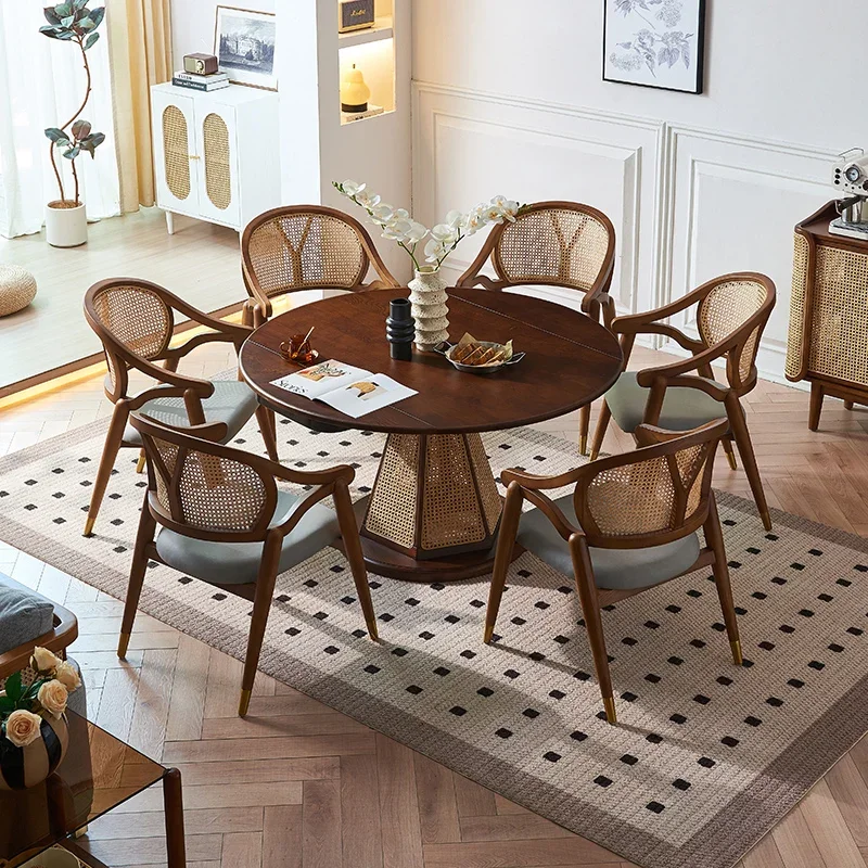 Retro solid wood dining table combination retractable round folding rectangular rattan dining table chair