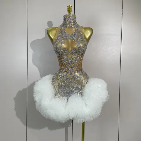 STOCK Diamonds Mesh Sexy See Through Cocktail Mini Dress Women Eveing Luxury Birthday Party Singer Nightclub Show Stage Costume