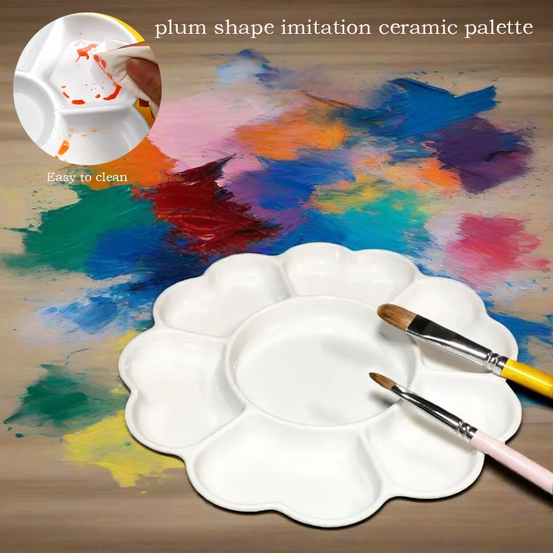 

7 Well Plum Shape Imitation Ceramic Palette Easy To Clean for Acrylic Gouache Watercolor Color Tuning Outdoor Sketch