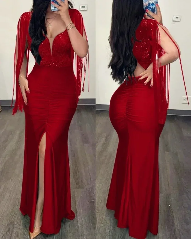 Elegant Dresses for Women Sexy Party Glamorous Contrast Sequin Ruched Slit Elegant Evening Bodycon Dress Streetwear Fashion 2024