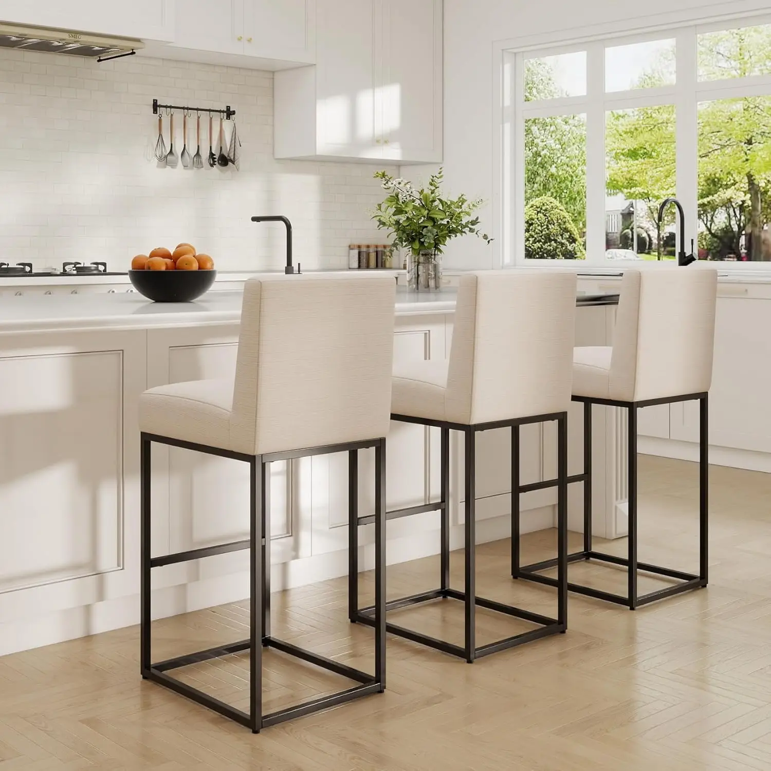 

Cream Linen Bar Stools Set Of 3, 31" Modern Counter Height Stools With Backrest, Black Metal Frames, Upholstered, Customized