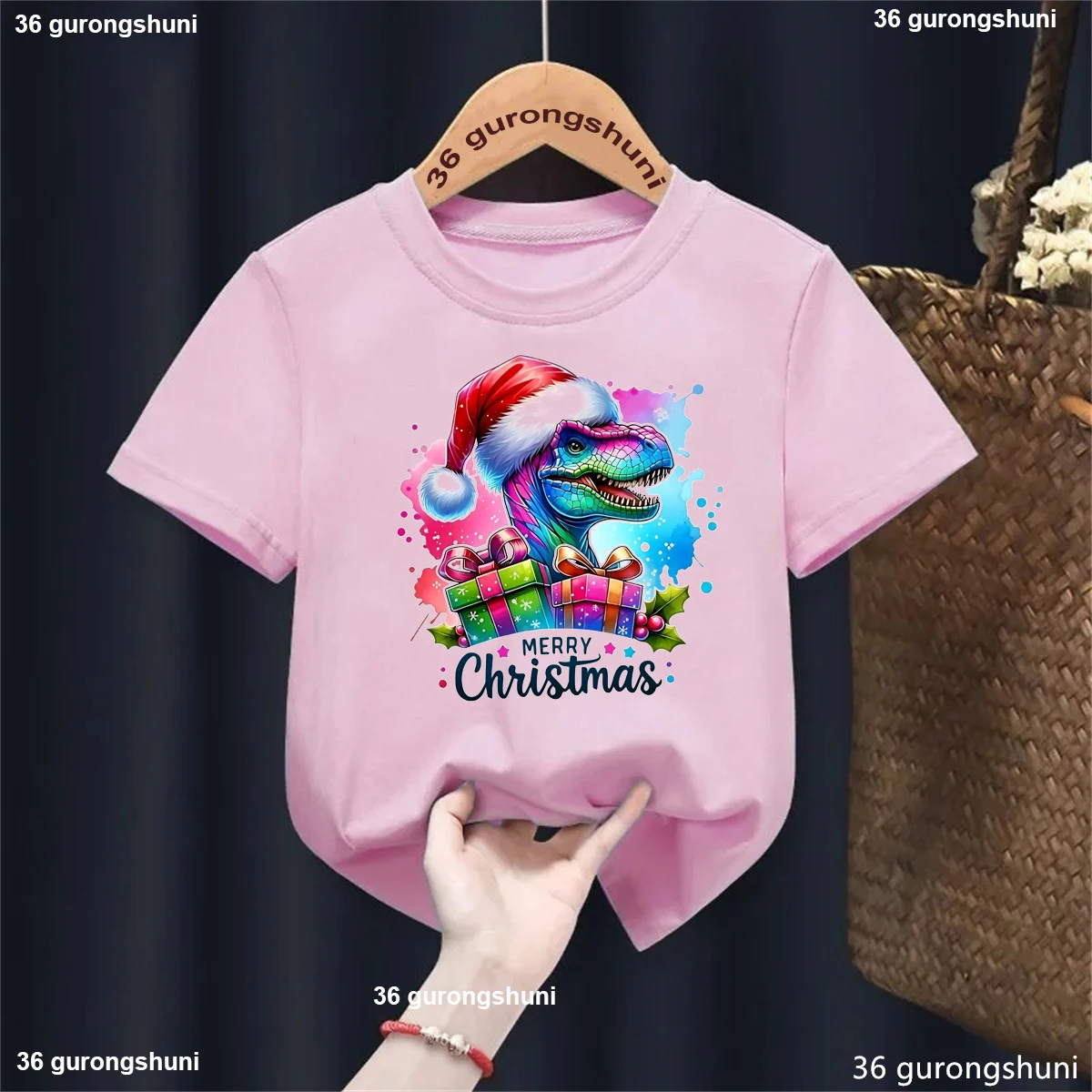 Watercolor Merry Christmas Dinosaur Graphic Printed T Shirt Girls/Boys Harajuku Kawaii Kids Clothes Funny Soild T-Shirt Tops