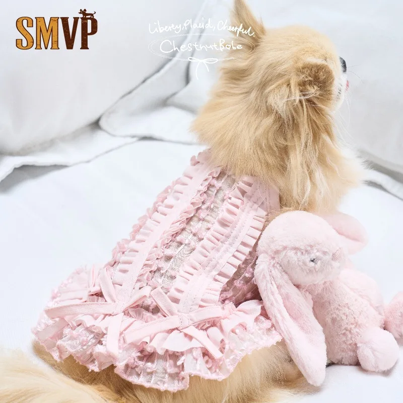 Pink Pleated Bow Halter Pet Dress Cute Princess Tutu Dress Clothes for Dogs Cats Birthday Party Photo Wedding Costume Apparel