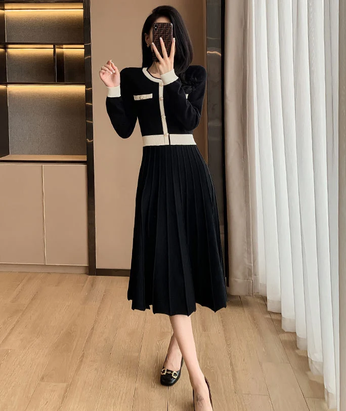 

New 2023 Winter Autumn And Women's ClothingLong Sleeve Contrast Color Hem Pleated Dress 1018