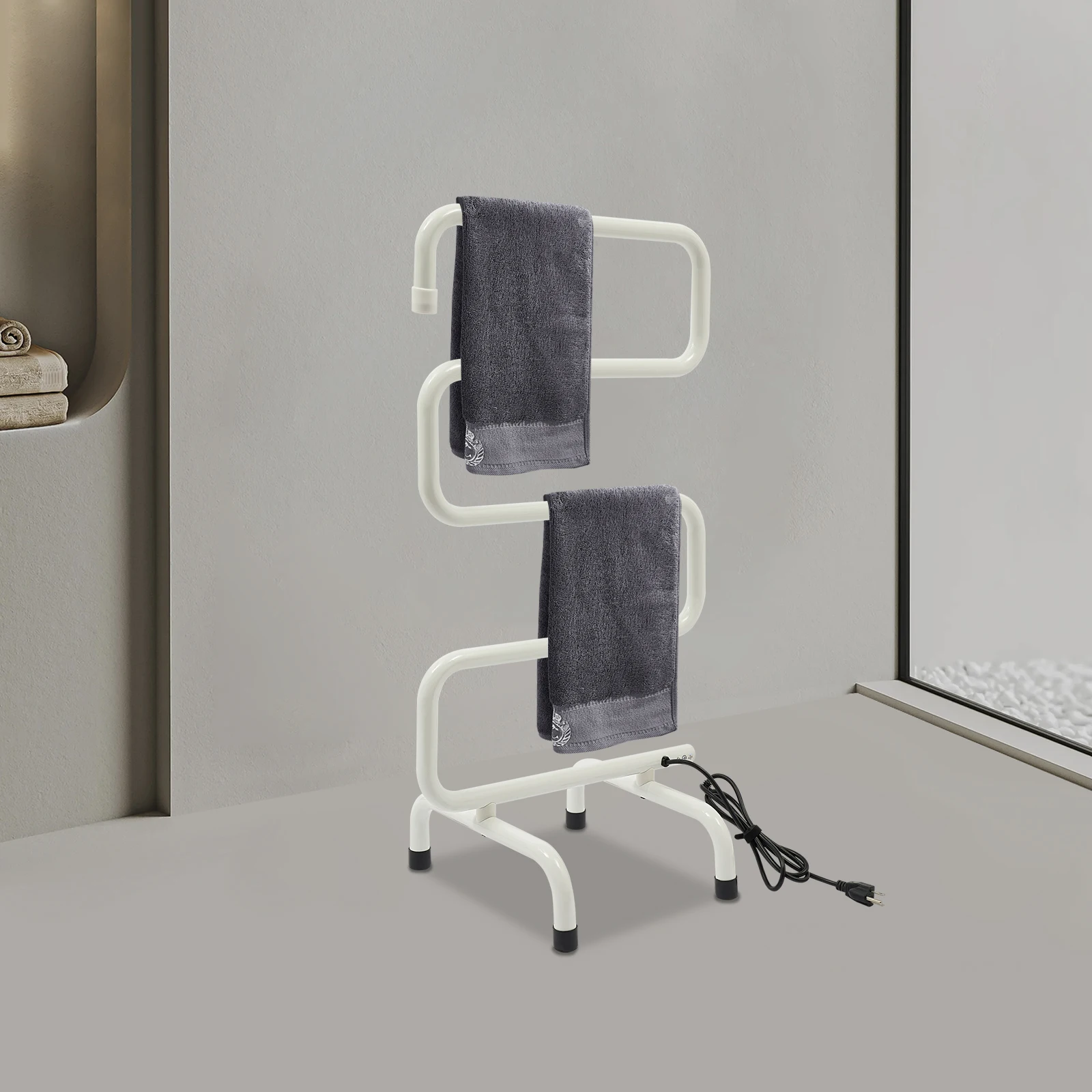 

S-Shaped Heated Towel Rack 110V US Plug, 55℃ Constant Temp 201 Stainless Steel IPX4 Waterproof White