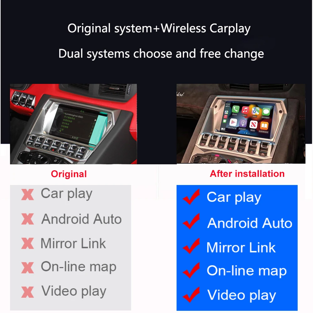 

Wireless CarPlay Android Auto Module for Lamborghini Aventador 2012-2019 Cyberpunk Mirror Link AirPlay with Radar Detector