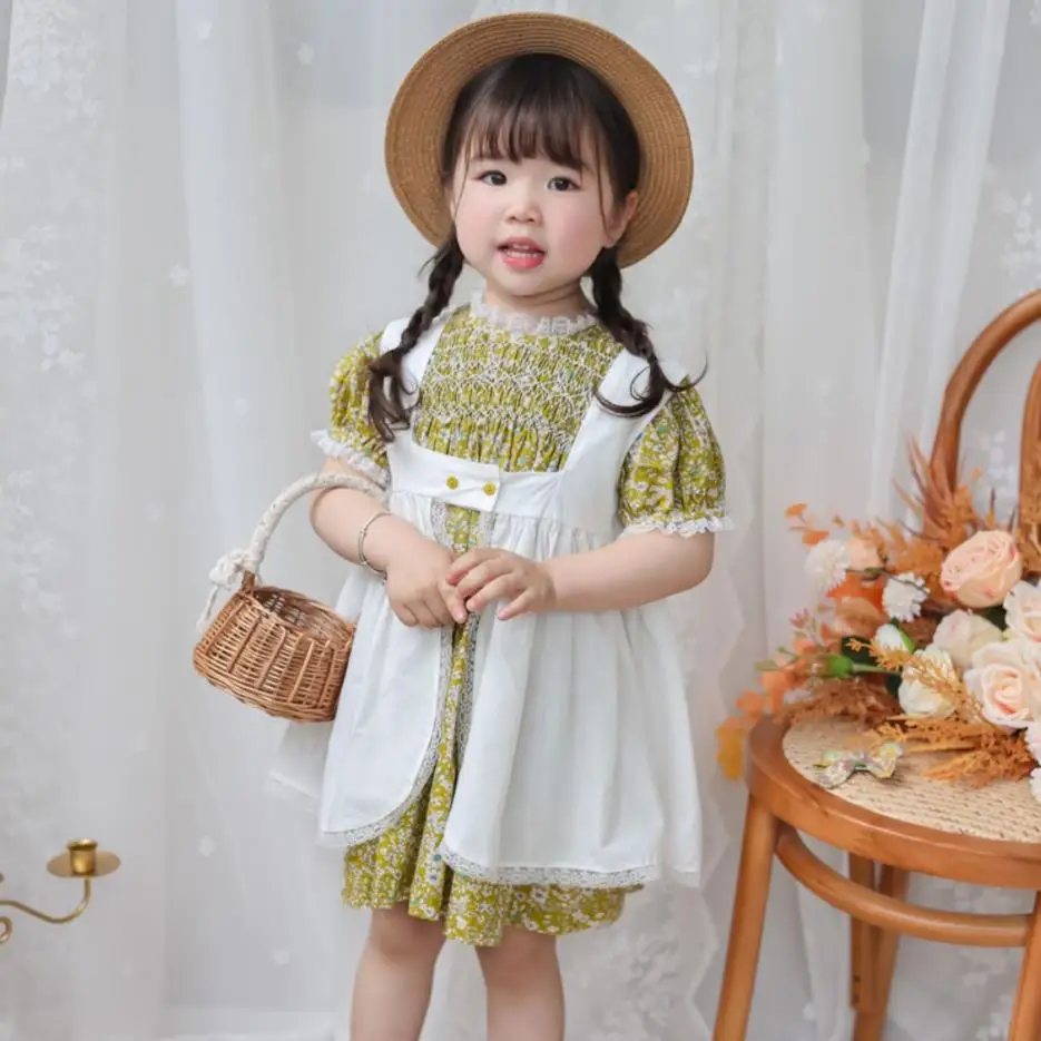 3PCS Baby Spanish Boutique Clothes Infant Toddler Handmade Smocking Embroidery Girls Floral Dress A2463