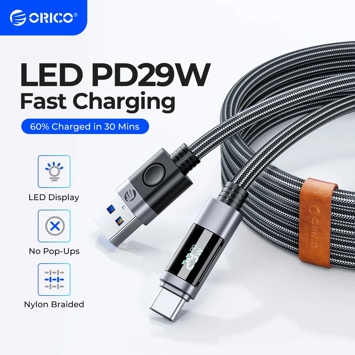 ORICO 66W USB Cable 6A Fast Charging Charger Wire Cord For Huawei P40 LED Data USB C Phone Cable Kit For Xiaomi Mi 10 Samsung S2