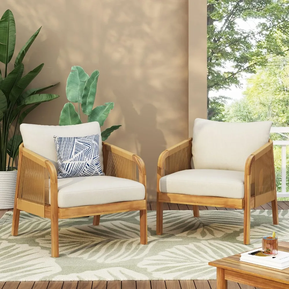 Beige Club Chair with Teak and Light Brown Accents for Patio and Garden