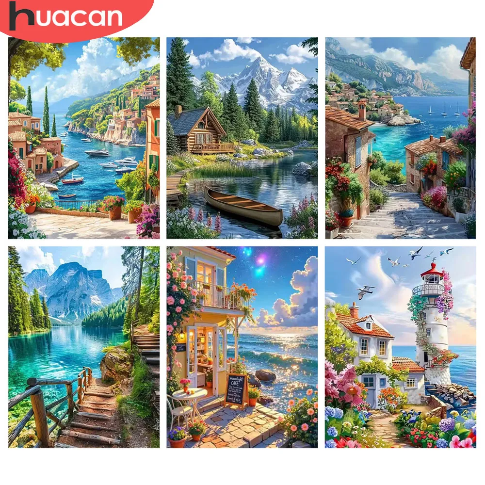 HUACAN Diamond Painting Kit Seaside Landscape Home Decor Full Square Round Diamond Mosaic House Mountain Pictures Rhinestones