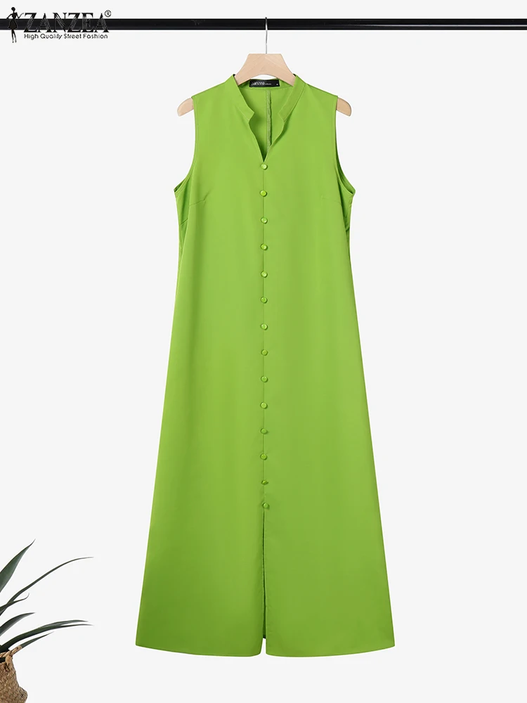 

ZANZEA 2025 Summer Woman Maxi Dresses Stand Collar Casual Sleeveless Street Fashion A-line Robe Femme Commuting Tank Vestidos
