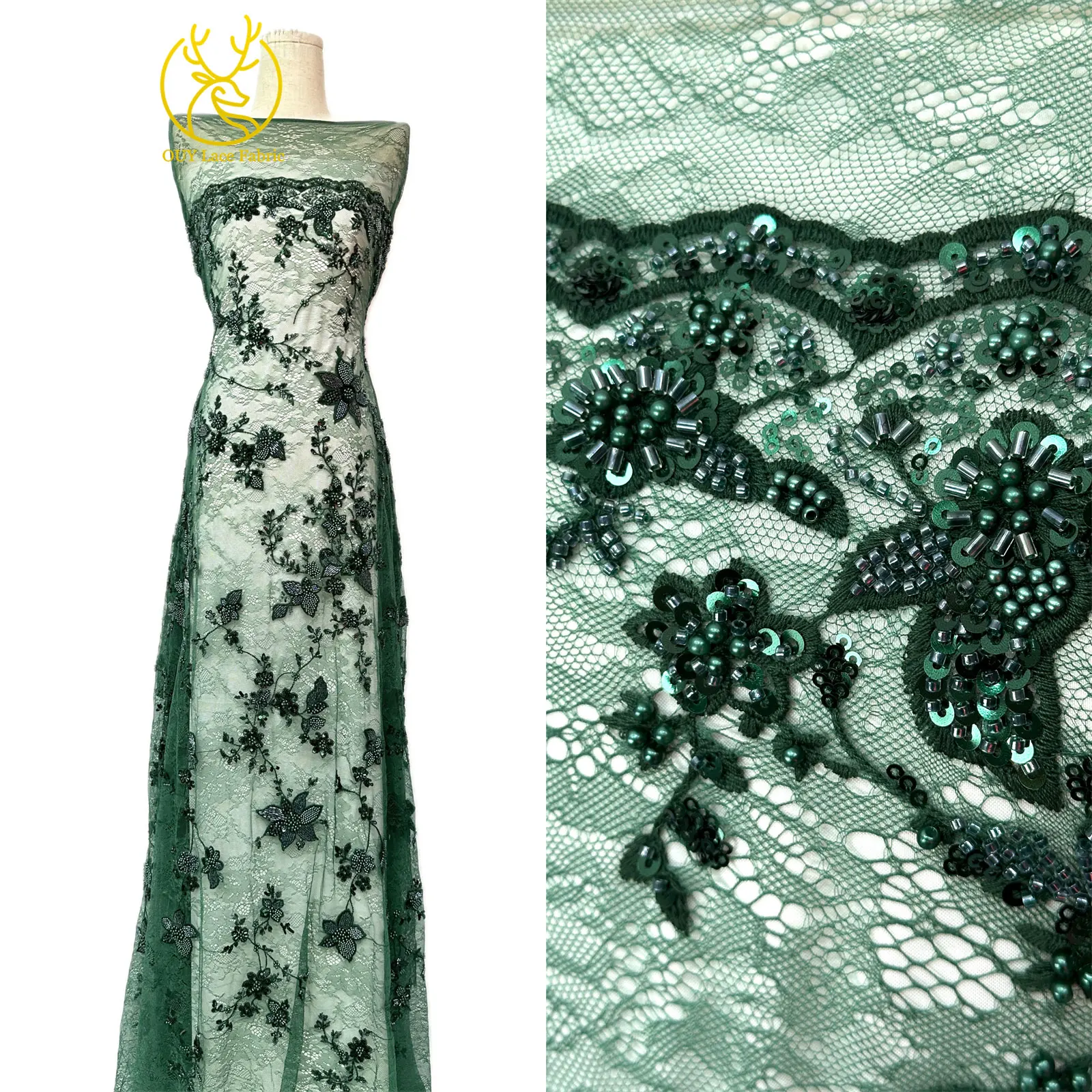 Grün Frankreich Damen Kleid Perlen Spitze Stoff 2026 Hochwertige afrikanische Stickerei Pailletten Spitze Stoff Party Abendkleid Stoff – Detail 5