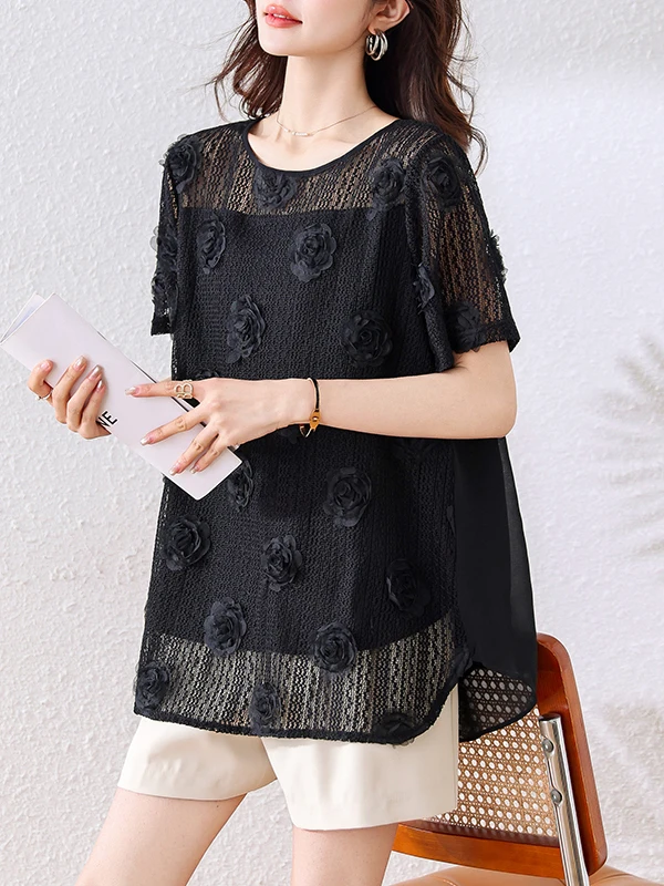 

plus Size Asymmetrical ort Sve Lace Patchwork Loose Slimming Tummy Covering Women's irt Summer New Sle Floral Embroi...