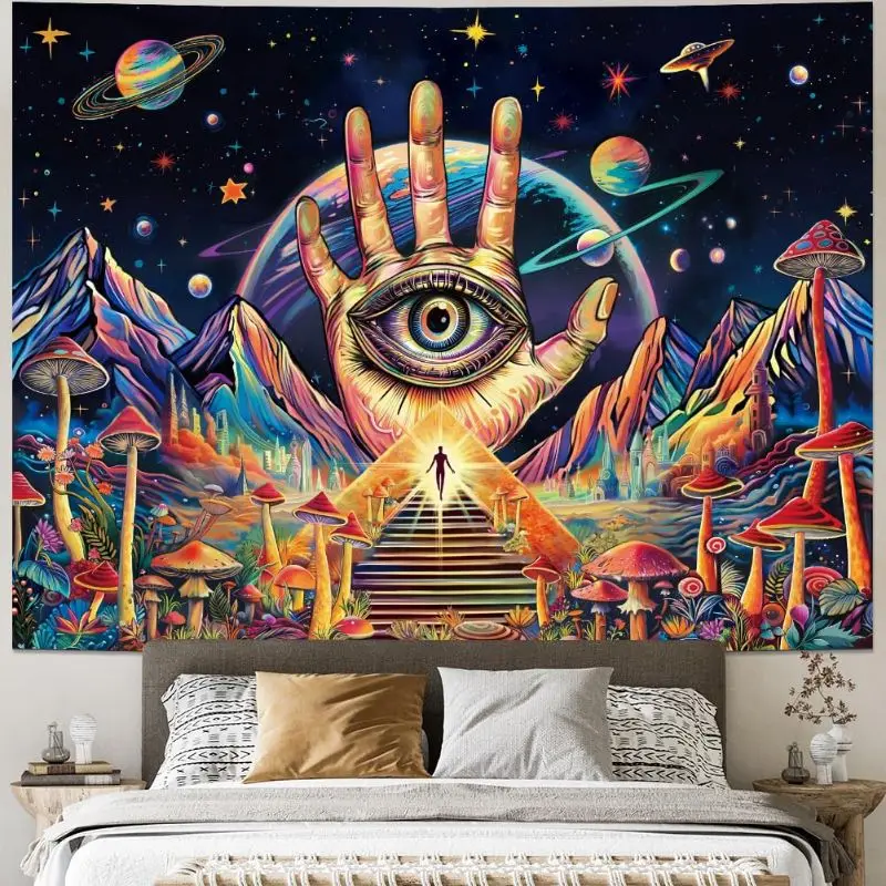 VIKAMA Neon Vision Eye Mushroom Tapestry, Illusionary Starry Sky Wall Hanging, Psychedelic Wall Decor for Bedroom Dorm