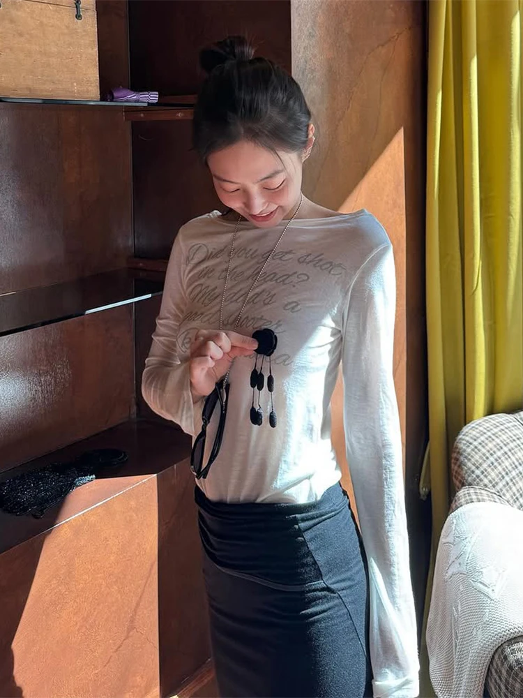 

Простые футболки Weird Puss, женские базовые прозрачные футболки с буквенным принтом и длинным рукавом, обтягивающие осенние трендовые уличные классические повседневные футболки