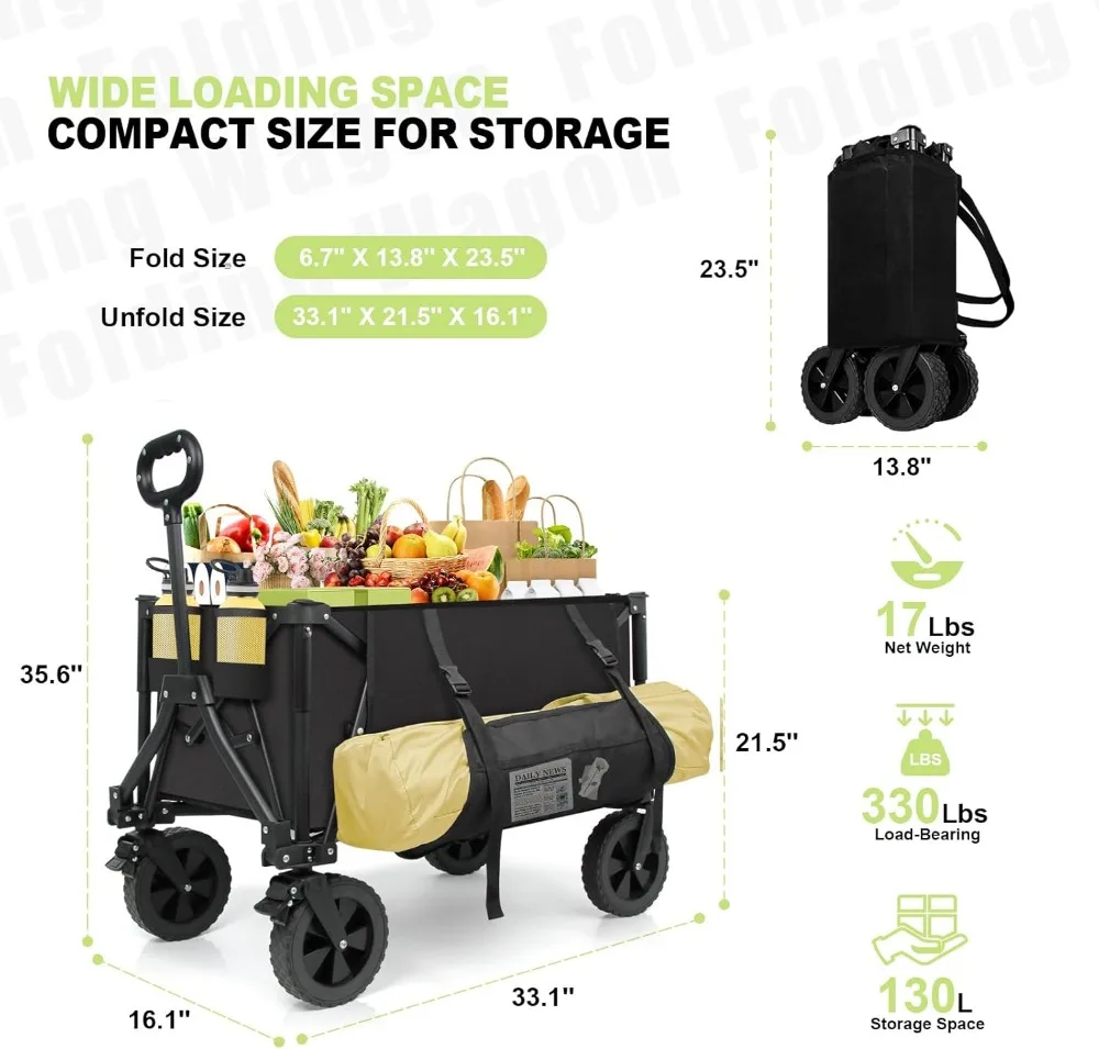 Carro plegable con capacidad de 300 libras, bolsillo lateral y frenos para compras en el jardín y la playa